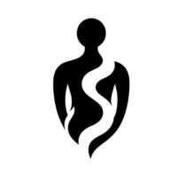 Abstract silhouette a minimalist black and white depicting a human form with a flowing white serpentine element symbolizing vitality or a spiritual essence. vector