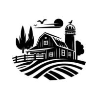 Rustic monochrome farm scene barn, silo, birds, and sun over fields in a serene, simplified silhouette. vector