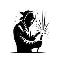A stylized, monochrome illustration depicts a welder in protective gear, sparks emanating from his welding torch amidst stars, showcasing craftsmanship and skill. vector