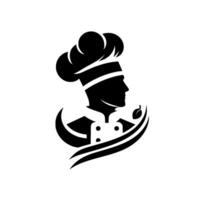 A stylized silhouette of a chef in profile, wearing a toque and uniform, encompassed by decorative curves and a leaf, against a clean white background, representing culinary excellence. vector