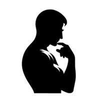 A stark silhouette of a man in deep thought, hand to chin, against a pristine white backdrop, conveying contemplation. vector