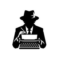 Silhouetted author in fedora and suit intently writing on a typewriter, conveying creativity and classic storytelling. vector