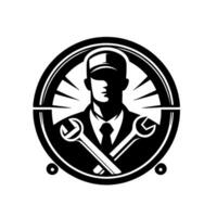 Mechanics emblem a bold, black and white of a worker with crossed wrenches encircled in a wheellike motif. vector