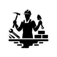 A silhouetted construction worker with various tools, including a hammer and trowel, building a brick wall, symbolic of craftsmanship and labor. vector