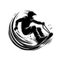 Silhouette of a snowboarder carving a circular path, depicted in dynamic action with a helmet and spray, against a white background. vector