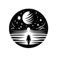A silhouette of an astronaut standing before an otherworldly cosmic landscape within a circular frame, dreaming of the cosmos and alien planets. vector