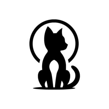A minimalist silhouette of a cat, sitting and facing right, contained within a circular frame, rendered in solid black against a white backdrop. vector