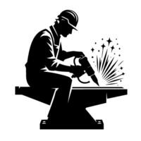 Silhouette of a welder at work a black and white depicting sparks and precision. vector