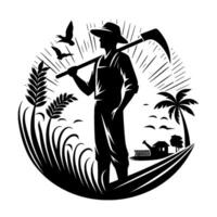 A monochrome silhouette of a farmer in overalls, carrying a scythe, surrounded by crops, birds, and a farm scene, signifying labor and natures bounty. vector