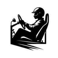 Silhouette of a kart racer in a racing seat, gripping steering wheel, wearing helmet, in a dynamic blackandwhite artistic style. vector