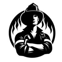 A heroic black and white illustration of a confident firefighter in uniform, with arms crossed, framed by a circular backdrop of stylized flames, symbolizing courage and protection. vector