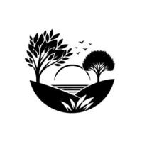 A minimalist black and white nature illustration of a serene landscape featuring two trees, a sunset, birds in flight, and stylized grass, creating a balanced and peaceful composition. vector