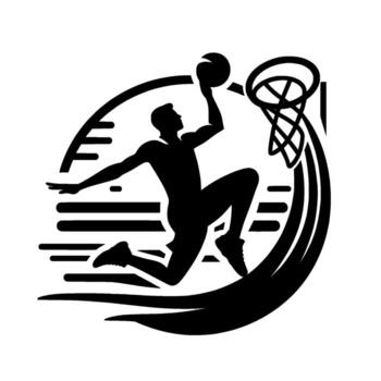 A dynamic black and white silhouette of a basketball player midair, executing a powerful dunk, captured within an abstract design, showcasing athleticism and precision. vector