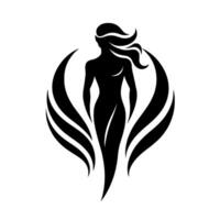 Elegant black silhouette of a woman adorned with flowing hair and stylized winglike forms, evoking grace and strength against a clean white background. vector