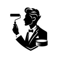 A distinguished gentleman in a tuxedo, holding a paint roller, poised with artistic elegance and a palette of color, suggesting creative potential. vector