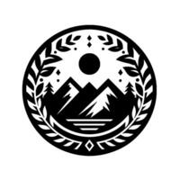 Black and white circular emblem of a serene mountain landscape, featuring peaks, sun, trees, water, and decorative botanical elements, creating a minimalist and stylized design. vector