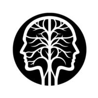 A stylized, symmetrical emblem depicting two human profiles within a black circle, their inner space filled with a branching tree structure symbolizing interconnected minds and growth. vector