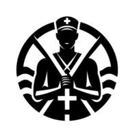 Monochromatic silhouette of a medical professional within a circular emblem, featuring a cross symbol and tools. vector