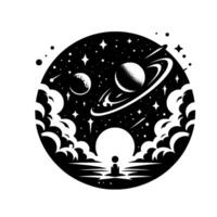 Cosmic meditator a silhouette of a figure seated in contemplation, gazing upon a celestial sphere featuring planets, stars, and cloud formations, all contained within a circular frame. vector