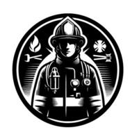 Bold black and white emblem a firefighter centered in a circular design, surrounded by tools of the trade and fire. vector