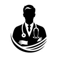 Silhouette of a medical professional with stethoscope and arms crossed within an abstract decorative frame, representing health and care. vector