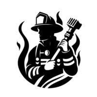 Silhouette of a brave firefighter in action holding a fire hose surrounded by flames, emblem of courage and service. vector