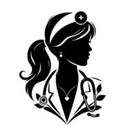 Silhouette of a female medical professional with a stethoscope, cross symbol, and a heart pendant, symbolizing care, health, and service in a minimalist style. vector