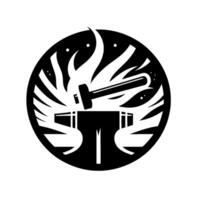 Intricate black and white silhouette of a hammer striking an anvil surrounded by flames and stars within a circular frame, evoking craftsmanship. vector