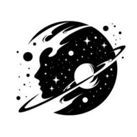 Silhouette of a human profile merges with a cosmic sphere, stars and planets, portraying inner space and expansive thought. vector