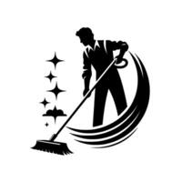 Silhouette of a janitor sweeping, creating an arc of cleanliness with a broom, accented with sparkling starbursts, set against a clean white background. vector