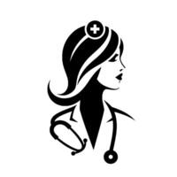 Elegant silhouette a nurses profile portrayed with grace, adorned with medical cross and stethoscope in a striking black and white composition. vector
