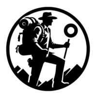 Silhouette of a hiker with a backpack and hiking stick within a circular frame, mountains in the background, adventurethemed logo. vector