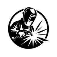 A stylized, black and white illustration of a welder wearing a helmet, encompassed by a circular frame, with welding sparks emanating outward. vector