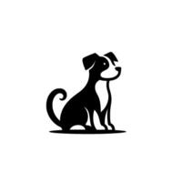 A minimalist illustration of a stylized, black and white dog, seated and looking rightward, with a curled tail, set against a clean white background. vector