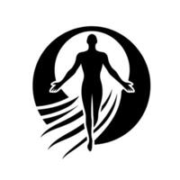 A minimalist, black and white silhouette of a human figure with outstretched arms, enclosed within a circular form, suggesting flight, freedom, and spiritual awakening, with stylized curved li vector
