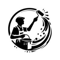 A silhouette of a painter applying paint with a roller, inside of a circle, with a paint bucket, showcasing a simple, artistic representation of painting and renovation. vector