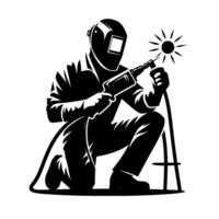 Silhouette of a kneeling welder crafting metal with welding torch, emitting bright spark, work concept. vector