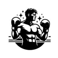 Silhouette of a muscular boxer in a dynamic pose, wearing gloves, surrounded by radiating stars, set on a textured white backdrop, minimalist aesthetic. vector