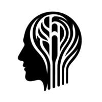 Black and white minimalist illustration of a human profile with a treelike structure filling the internal space, symbolizing growth. vector