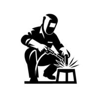 A stylized black and white illustration of a welder in protective gear, using a welding torch on a small platform, creating sparks. vector