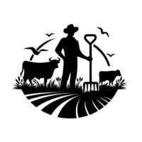 Silhouette of a farmer with cows on a farmland with flying birds, creating a simple monochrome emblem. vector