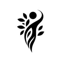 Abstract black and white depicting a human figure intertwined with leaves, embodying natures connection and growth. vector