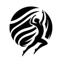 Silhouette of a graceful dancer leaping within a stylized swirling design, exuding movement and energy against a clean white background. vector