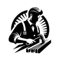 Stylized black and white illustration of a carpenter in a suit, hammering wood with a radial in the background. vector