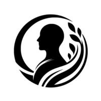 A serene black silhouette of a person within a circular embrace of natures elements, symbolizing peace, health, and balance. vector