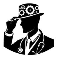 A steampunk doctor silhouette a formal figure with gears and stars atop a hat, holding the brim, adorned with a stethoscope and tie. vector