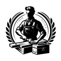 Stylized black and white carpentry emblem featuring a silhouette of a woodworker with hammer, tools, wood, and decorative laurel wreath. vector