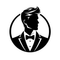 Sophisticated black and white silhouette dapper gentleman in tuxedo, enclosed within a circular frame, exuding classic style and elegance. vector