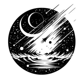 A cosmic black and white art piece depicting a celestial scene within a circular frame, with a crescent moon, falling stars, shooting star, and a sealike terrain below. vector