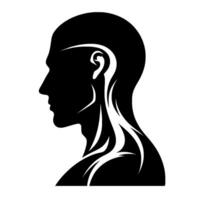 Silhouetted profile of a bald head with decorative white lines highlighting ear, neck, and shoulder, set against a clean white background. vector